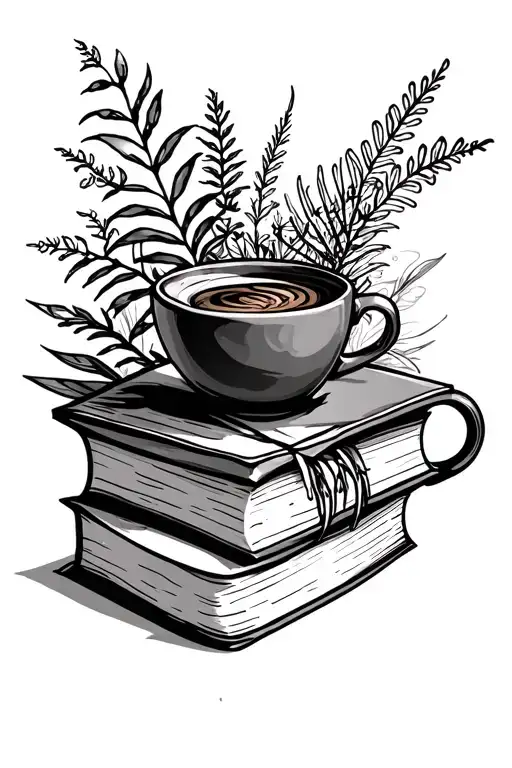 book with coffee cup surrounded by plants or erbs
