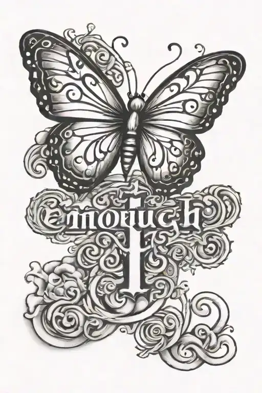 the word "enough" written in cursive with a butterfly and a cross