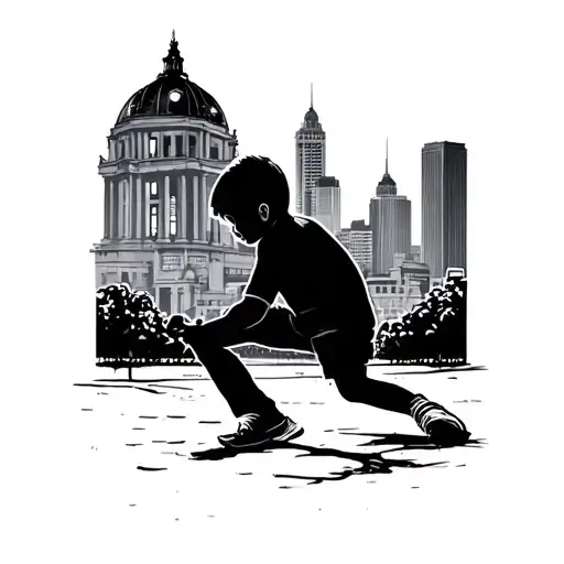 a boy playing in the park with Buenos Aires cityscape