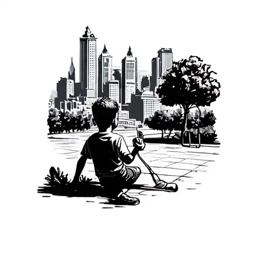 a boy playing in the park with Buenos Aires cityscape - Variation 2