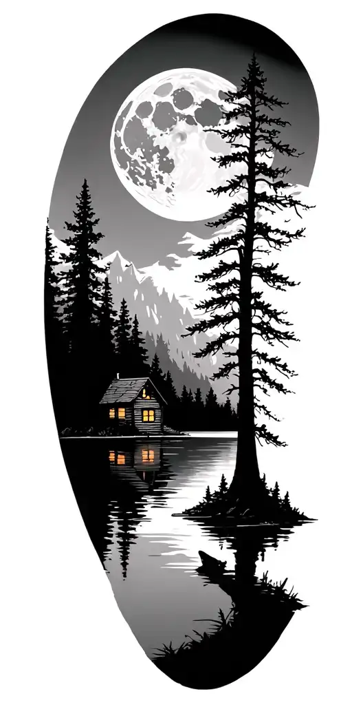 moon over Forest skyline, a frame cabin on lake