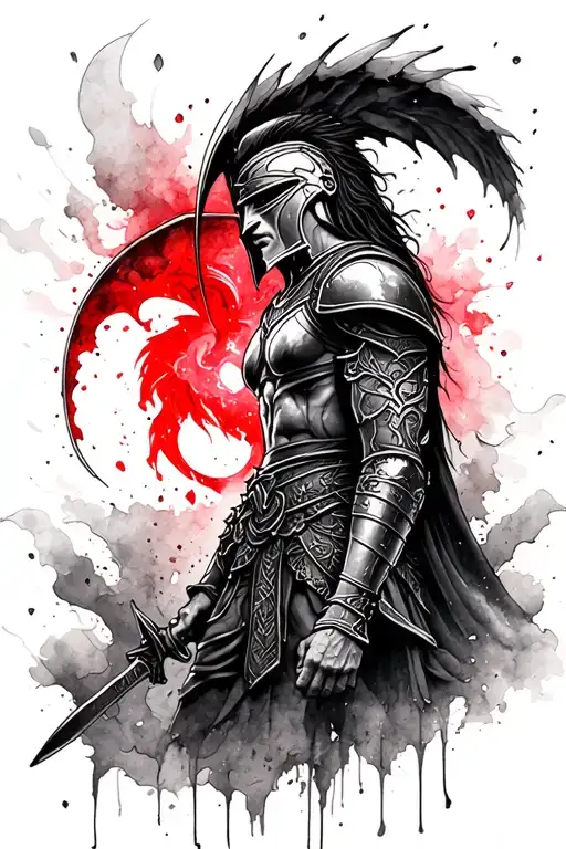 Watercolor style tattoo, furious, every minute is a battle, time is running out, black and red magic colors, Spartan hel