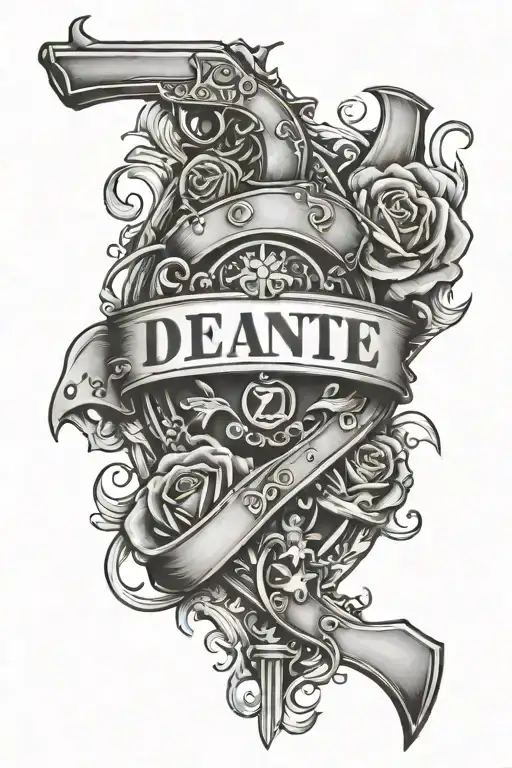 the name DEANTE with hearts and guns