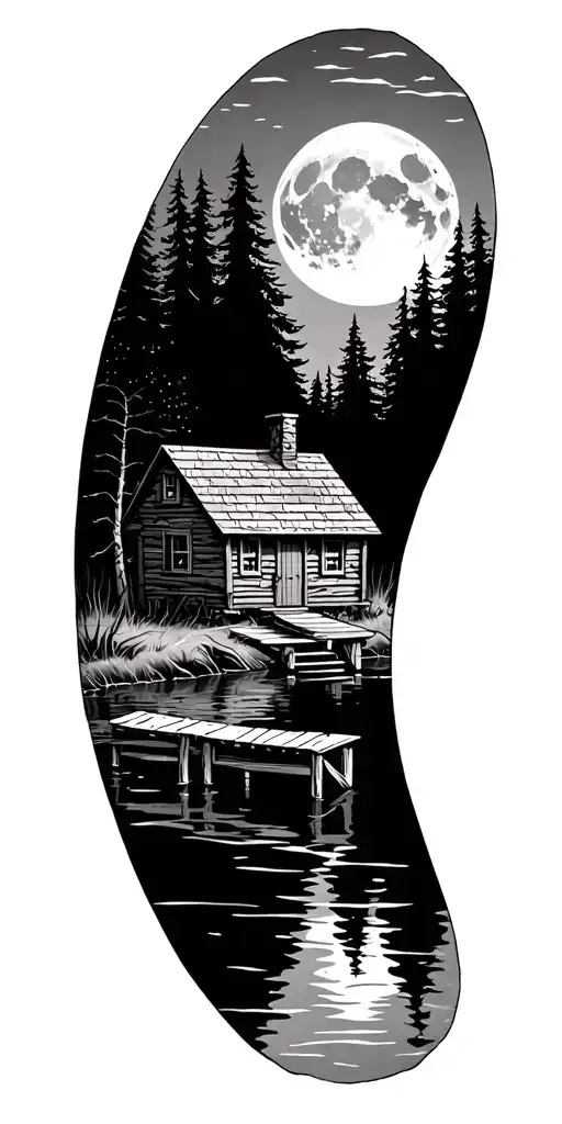 small dock next to a cabin on a forest pond under the moon 