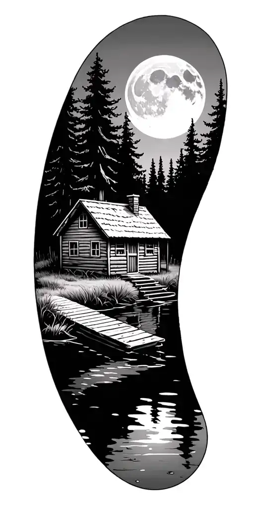 small dock next to a cabin on a forest pond under the moon  - Variation 2