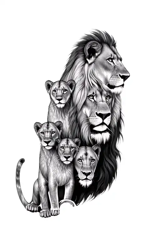 A full sleeve tattoo design for a father who has 4 children represented by lion and cubs