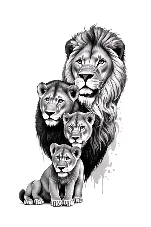 A full sleeve tattoo design for a father who has 4 children represented by lion and cubs - Variation 2