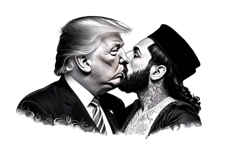 Donald Trump and an orthodox jew man french kissing each other. - Variation 2