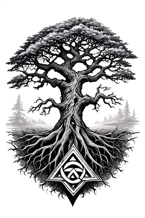 Tree of the tree of life yggdrasil with the valknut symbol in its roots.
