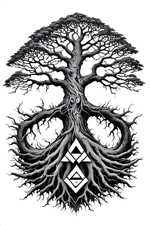 Tree of the tree of life yggdrasil with the valknut symbol in its roots. - Variation 2