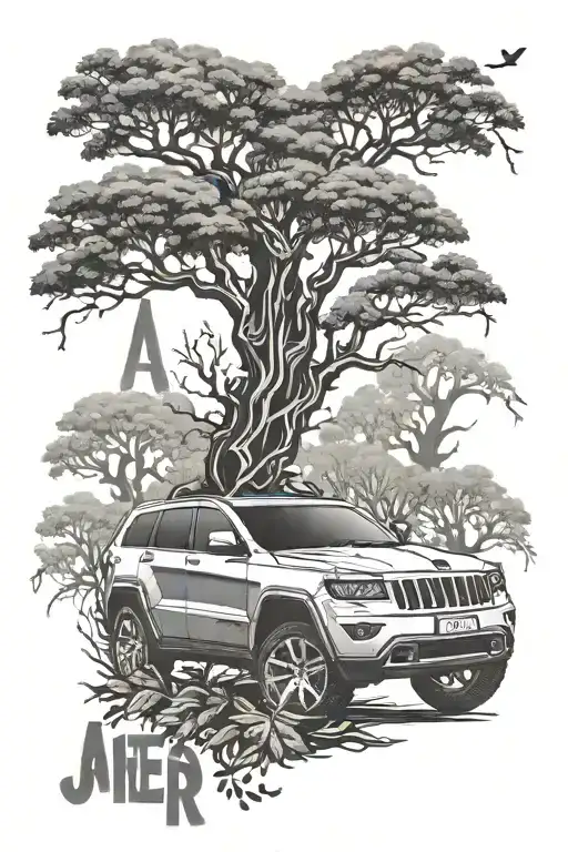 a modified jeep grand cherokee with a tree which has leaves with letter A R and L in it. - Variation 1