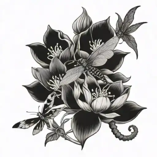 lotus and jasmine and gladiolus flower with a dragon fly