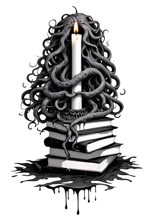 medusa wrapping around to stack of dark romance books with wax dripping candles - Variation 2