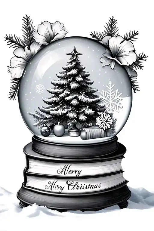 Snow globe with Christmas tree, books, and hibiscus inside and Merry Christmas on the base with snowflakes