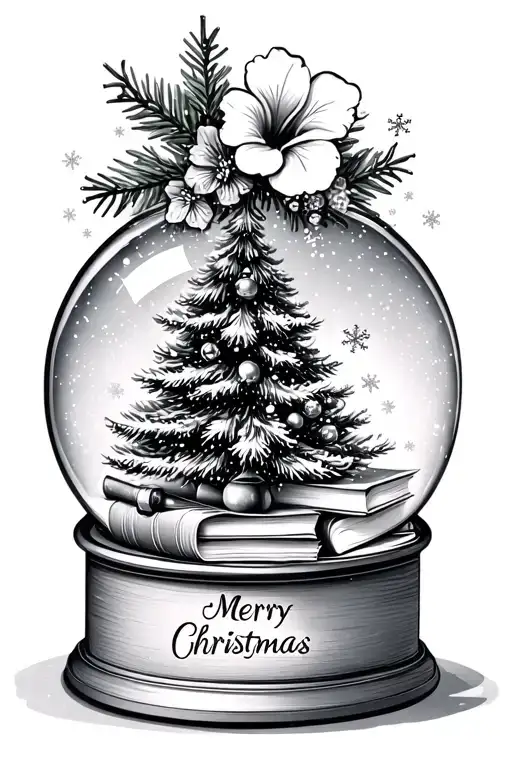 Snow globe with Christmas tree, books, and hibiscus inside and Merry Christmas on the base with snowflakes - Variation 2