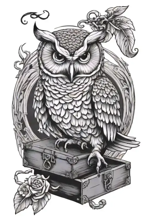 Owl on a chest holding a key on beak open
