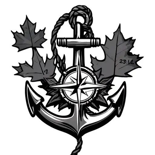 anchor with rope hanging with a compass and maple leaf with the number 27 on it