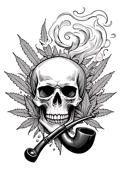 A skull smoking a ceremonial pipe, surrounded by swirling smoke and weed - Variation 3