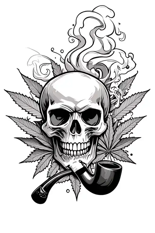 A skull smoking a ceremonial pipe, surrounded by swirling smoke and weed - Variation 4