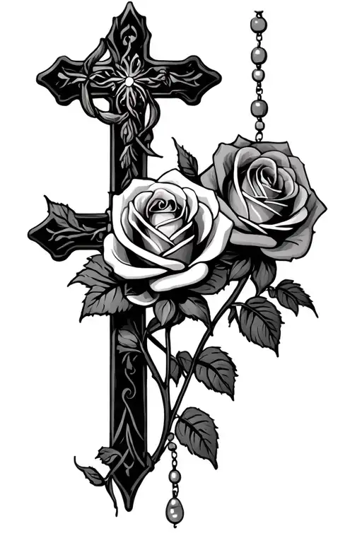 3 roses, memorial, cross intertwined, rosary beads - Variation 1
