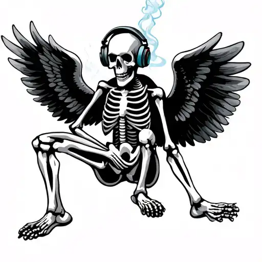skeleton sitting with wings headphones and smoking cigrattee - Variation 2