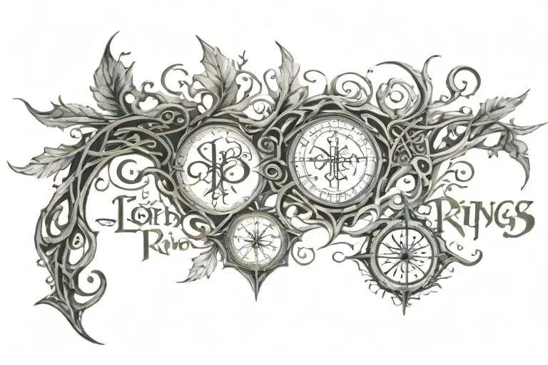 A Lord of the Rings inspired tattoo featuring calligraphy writing in Elvish script, incorporating elements of nature and technology