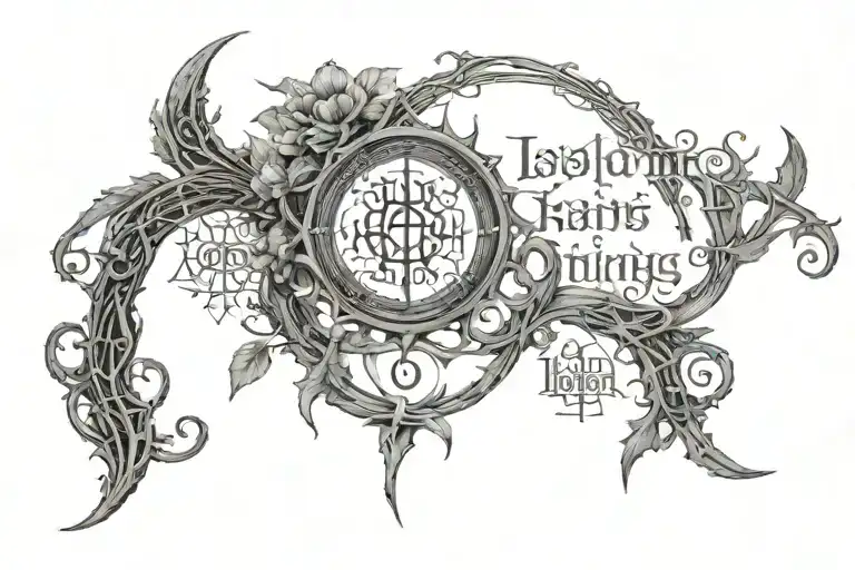 A Lord of the Rings inspired tattoo featuring calligraphy writing in Elvish script, incorporating elements of nature and technology - Variation 2