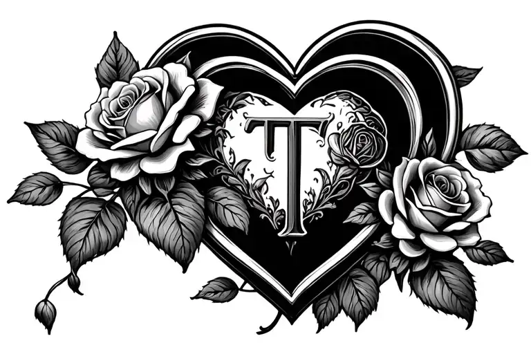 Letter T with some roses and secretive heart built into it. Please make heart more visibe - Variation 2