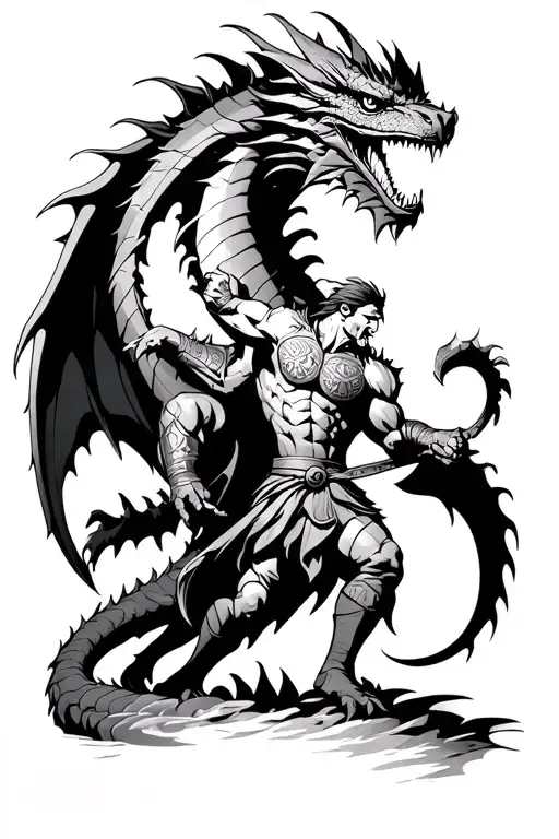 jacked spartan warrior fighting a dragon, think good vs evil, dark keltic style, wrapped in battle