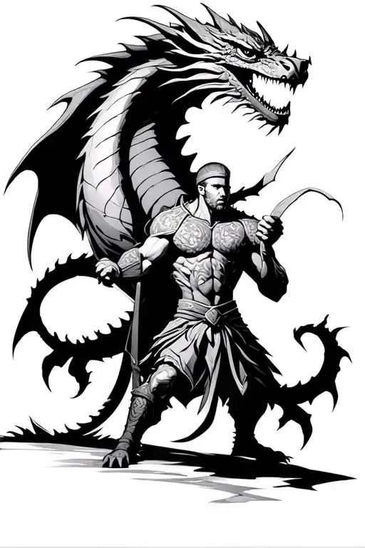 jacked spartan warrior fighting a dragon, think good vs evil, dark keltic style, wrapped in battle - Variation 2
