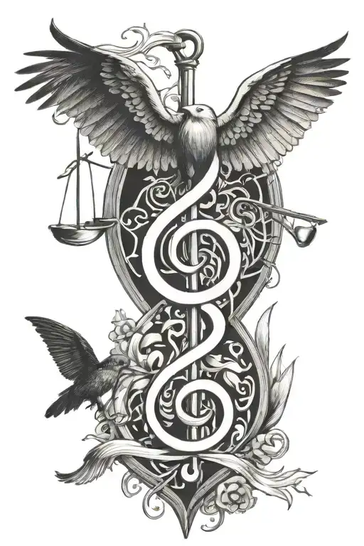 A lawyer and veterinary symbol combined, with music notes intertwined in the design