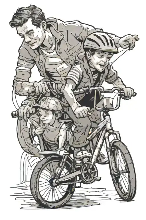A boy learning to ride a bike from his father.