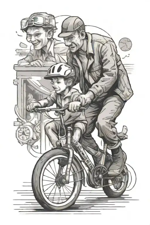 A boy learning to ride a bike from his father. - Variation 2