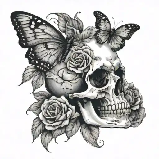 skull with butterfly emerging from eye and roses - Variation 2