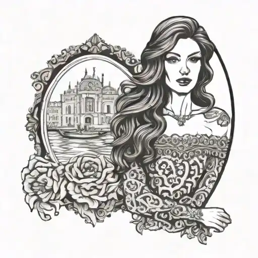brunette girl with a long wavy hair wearing an eduardian off-shoulder lace dress framed within an oval border