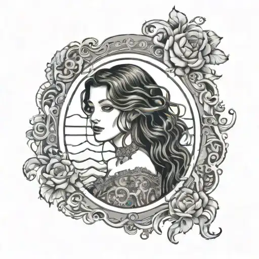 brunette girl with a long wavy hair wearing an eduardian off-shoulder lace dress framed within an oval border - Variation 3