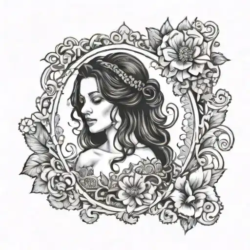brunette girl with a long wavy hair wearing an eduardian off-shoulder lace dress framed within an oval border - Variation 4