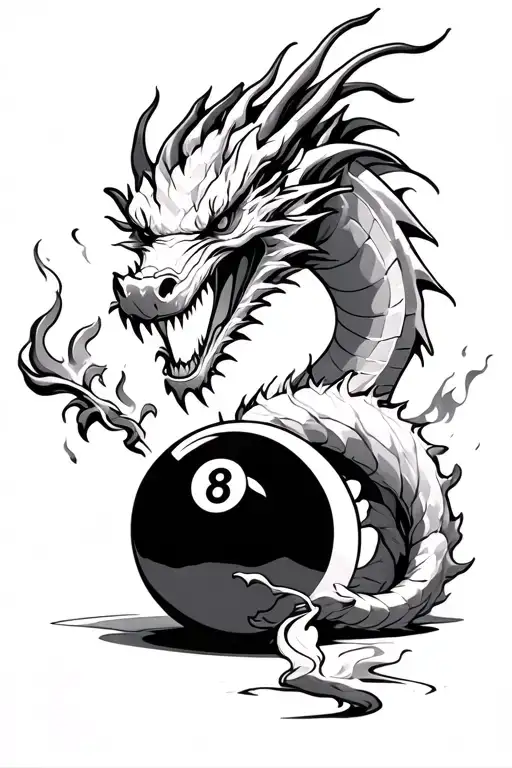 eight ball with dragon firing no background black and white - Variation 2