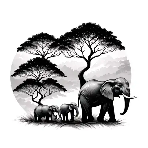 white and black trees with elephants family - Variation 2