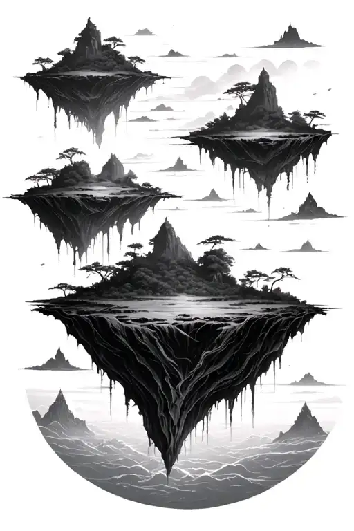 A tattoo design of several floating islands suspended in the sky, each island varying in size and shape. The islands are