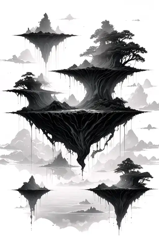 A tattoo design of several floating islands suspended in the sky, each island varying in size and shape. The islands are - Variation 2