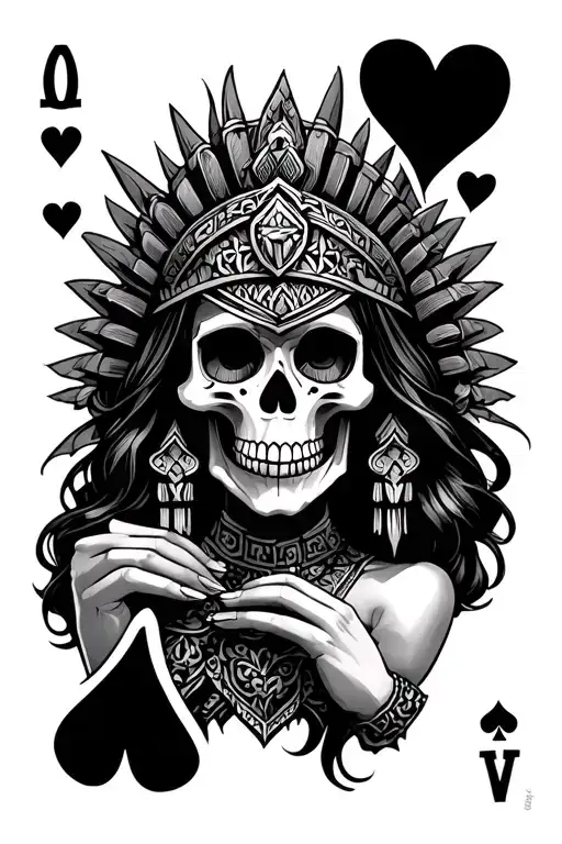 Aztec skull princess holding hearts playing card - Variation 2