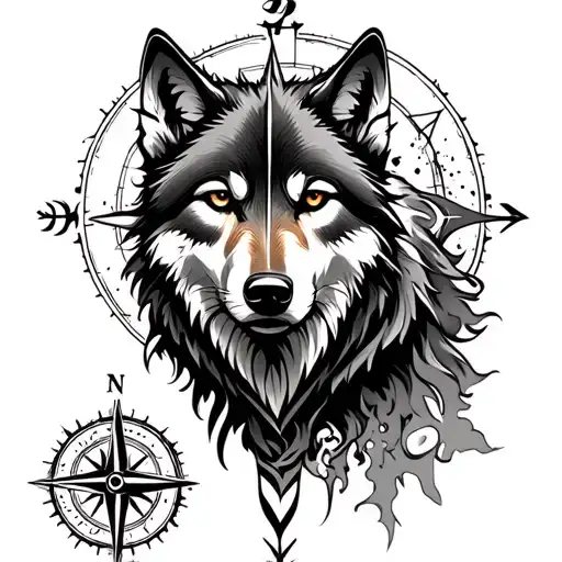 wolf tattoo which is calm with norse vegvisir and abstract design of north facing compass