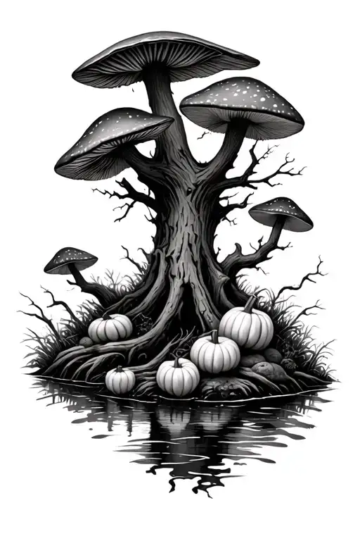 A grim realistic forest with mushrooms and pumpkins with a small stream in the middle. - Variation 1