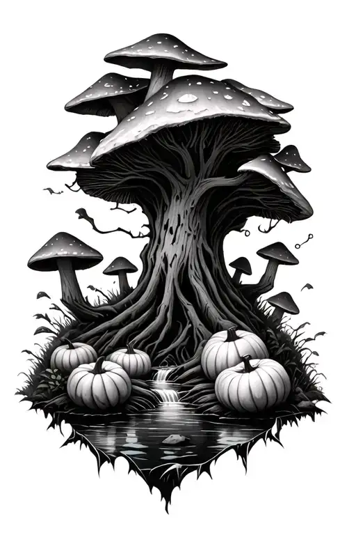 A grim realistic forest with mushrooms and pumpkins with a small stream in the middle. - Variation 2