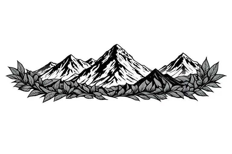 Pachamama spiral with mountain outline intertwined coca leaves