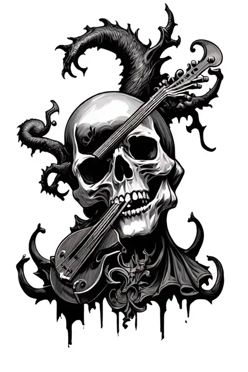 A tattoo design featuring a skull playing a classical music instrument, surrounded by gothic art elements and demons