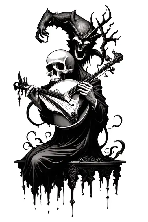 A tattoo design featuring a skull playing a classical music instrument, surrounded by gothic art elements and demons - Variation 2