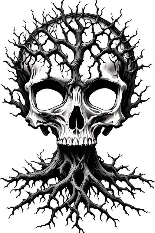 tree of life poisoned and dying thorns and vines dystopian skull covered by roots high detail