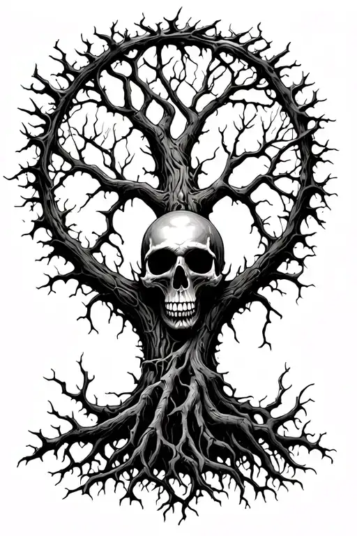 tree of life poisoned and dying thorns and vines dystopian skull covered by roots high detail - Variation 2